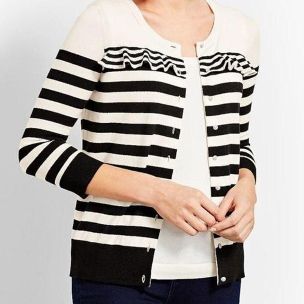 Talbots Petite M Nautical Stripe Ruffle Yoke Button Cardigan Black Ivory